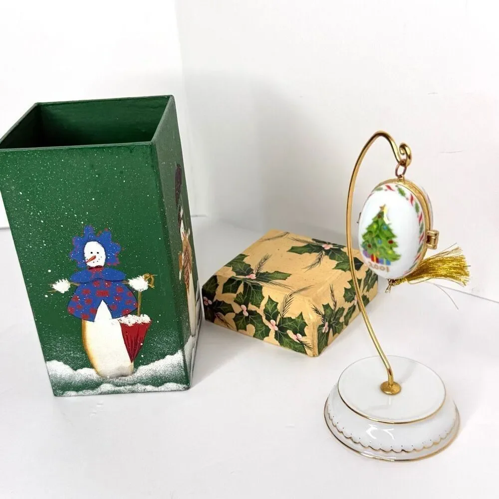 Vintage PHB Porcelain Christmas Egg Trinket Box 2001 Hinged Ornament with Stand